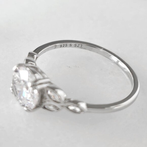 Classic Engagement Style Round Halo ring with leaf band,  925 Sterling Silver - Picture 4 of 6